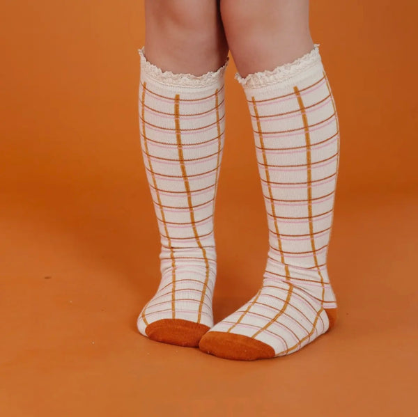 Autumn Grid Lace Top Knee High Socks