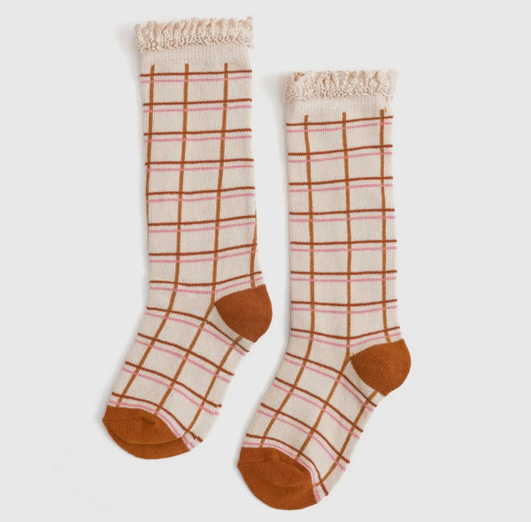Autumn Grid Lace Top Knee High Socks