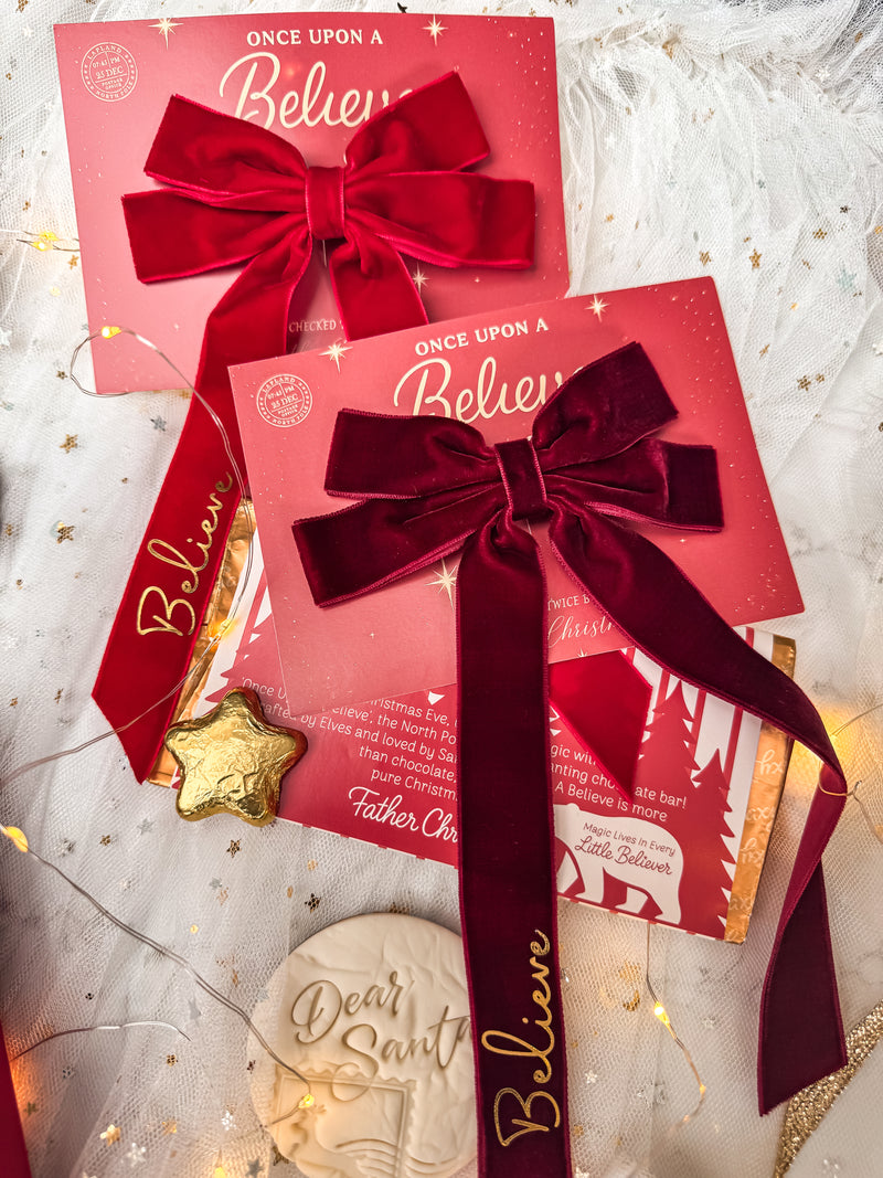 Velvet 'Believe' Ribbon Long Tail Bow Clip