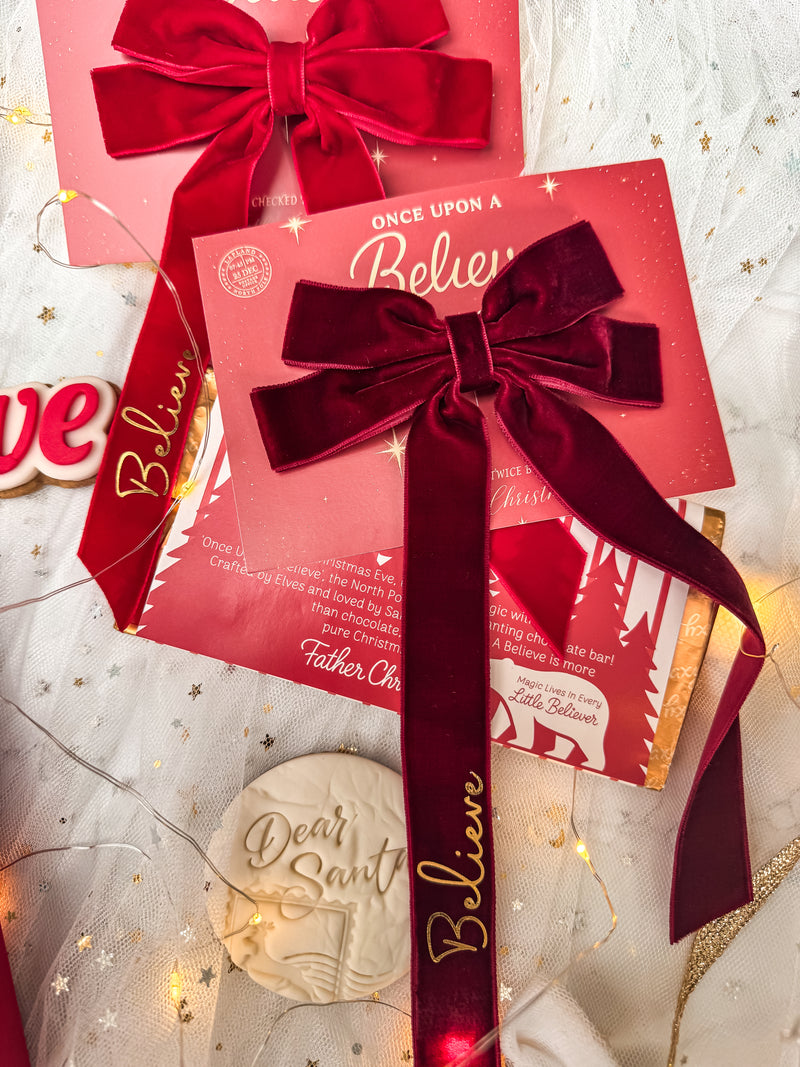 Velvet 'Believe' Ribbon Long Tail Bow Clip