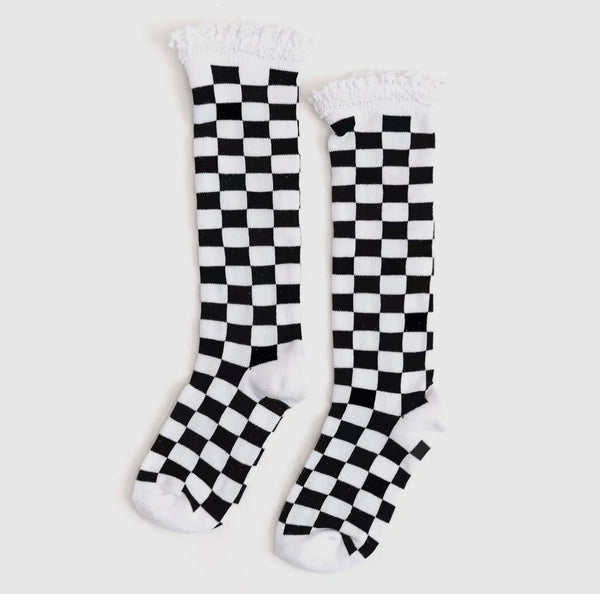 Checkered Lace Top Knee High Socks