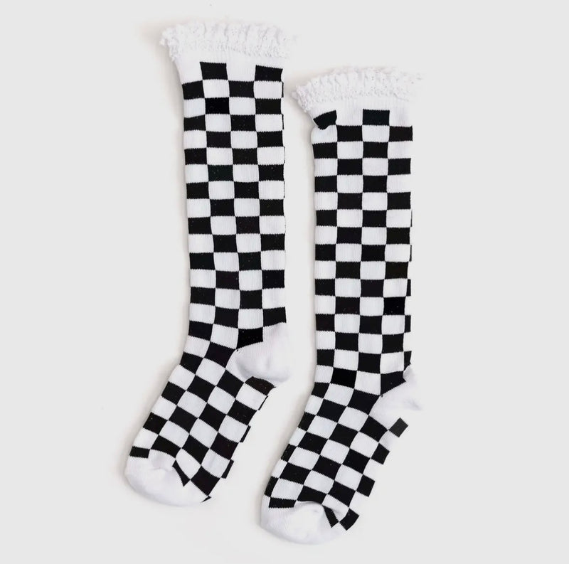 Checkered Lace Top Knee High Socks