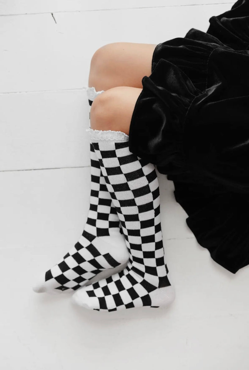 Checkered Lace Top Knee High Socks