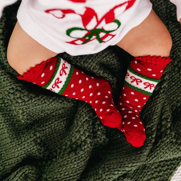 Classic Christmas Bow Knee High Lace Socks