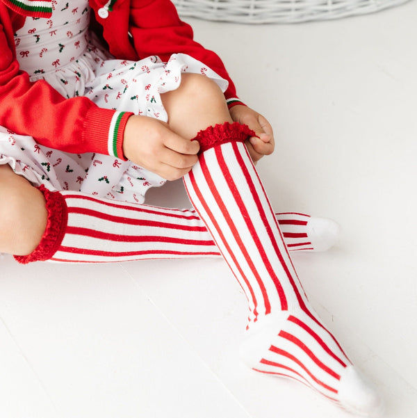 Classic Christmas Candy Cane Red Lace Knee High Socks