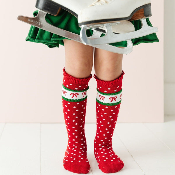 Classic Christmas Bow Knee High Lace Socks