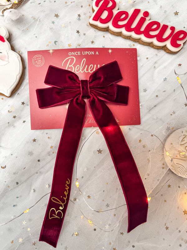 Velvet 'Believe' Ribbon Long Tail Bow Clip