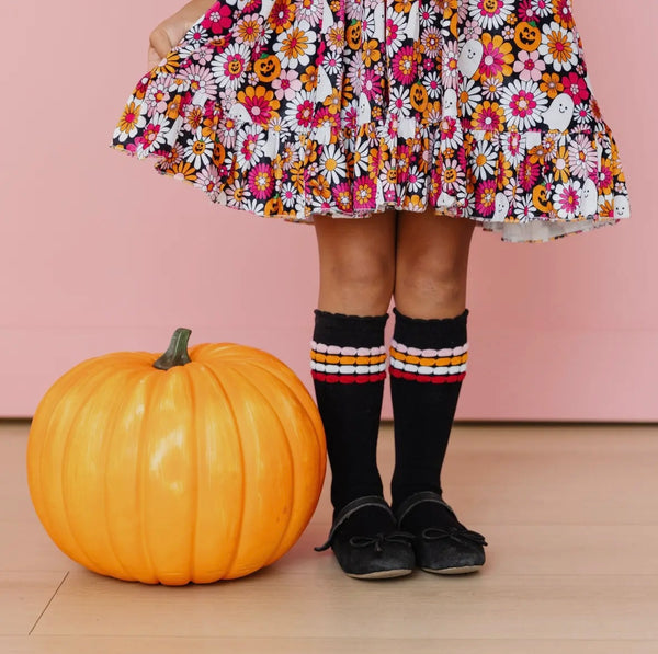 October Bubble Striped Scalloped Knee High Socks