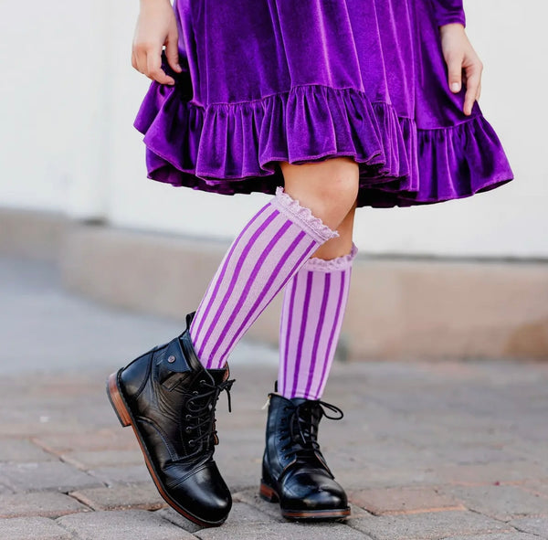 Purple Striped Lace Top Knee High Socks