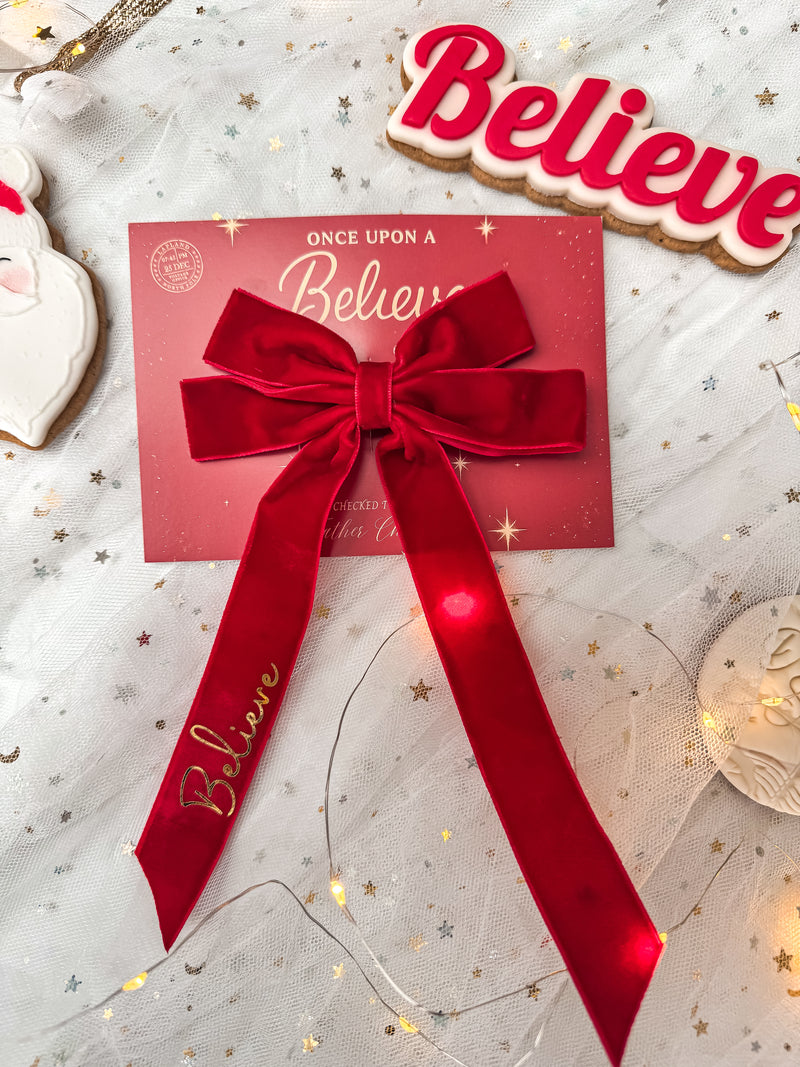 Velvet 'Believe' Ribbon Long Tail Bow Clip