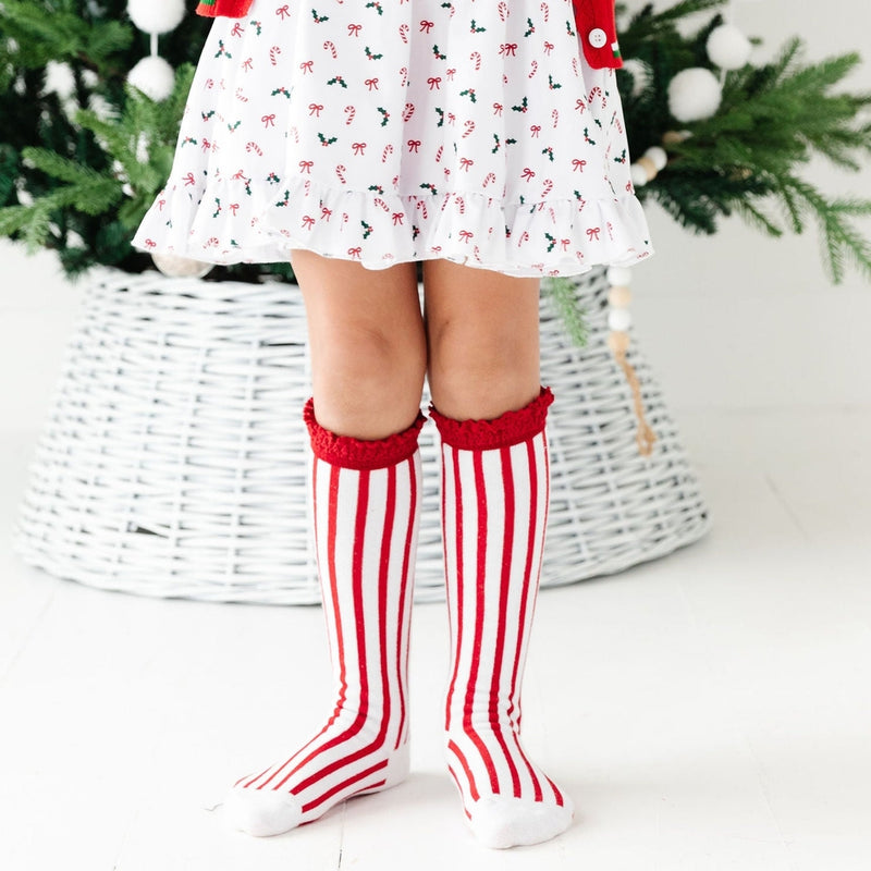 Classic Christmas Candy Cane Red Lace Knee High Socks