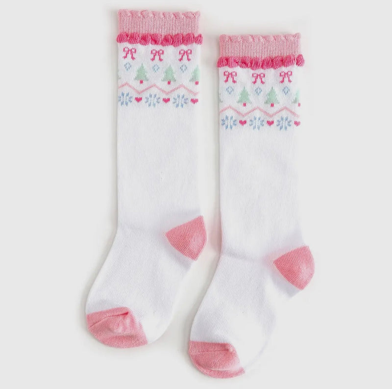 White Fair Isle Scalloped Knee Highs