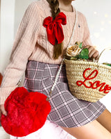 Fuzzy Heart Bag with Pearl Chain
