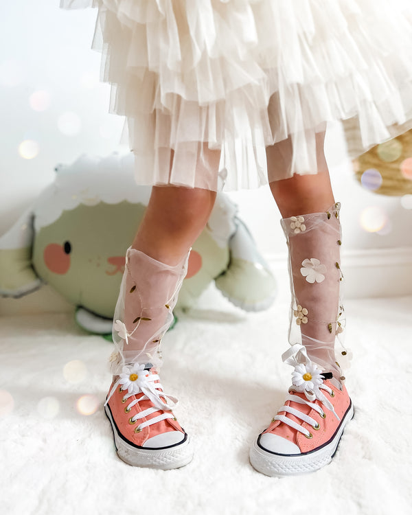 Embroidered Flutter Petal Floral Slouch Socks