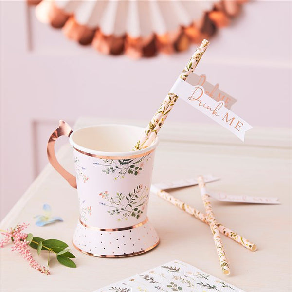 Rose Gold 'Drink Me' Floral Straws 16pk