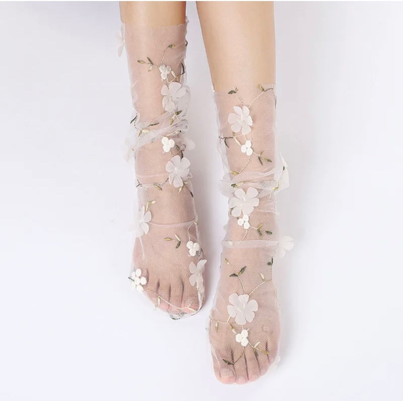 Embroidered Flutter Petal Floral Slouch Socks