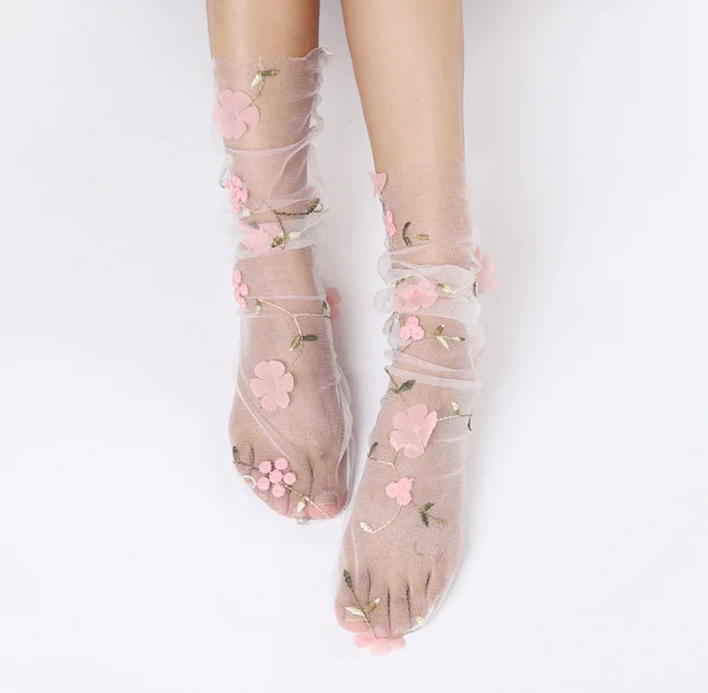 Embroidered Flutter Petal Floral Slouch Socks