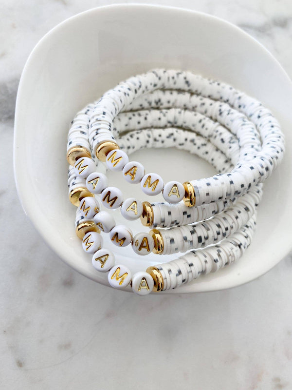 'Mama' Gold Letters on Dalmatian Heishi Bracelet