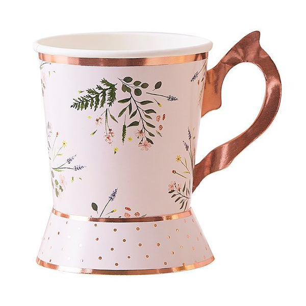 Rose Gold Floral Paper Tea Cups 8pk