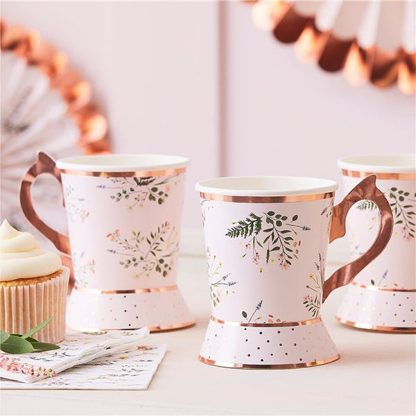 Rose Gold Floral Paper Tea Cups 8pk