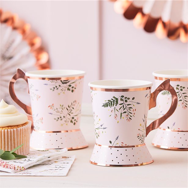 Rose Gold Floral Paper Tea Cups 8pk